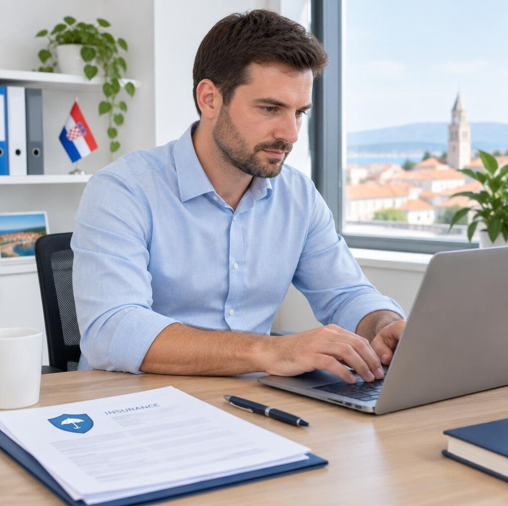 Croatian business professional typing on a laptop at a desk with documents