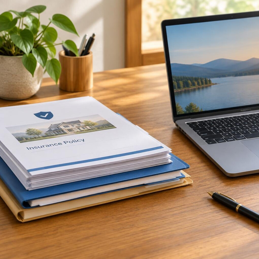 Stack of insurance documents and a laptop on a wooden desk