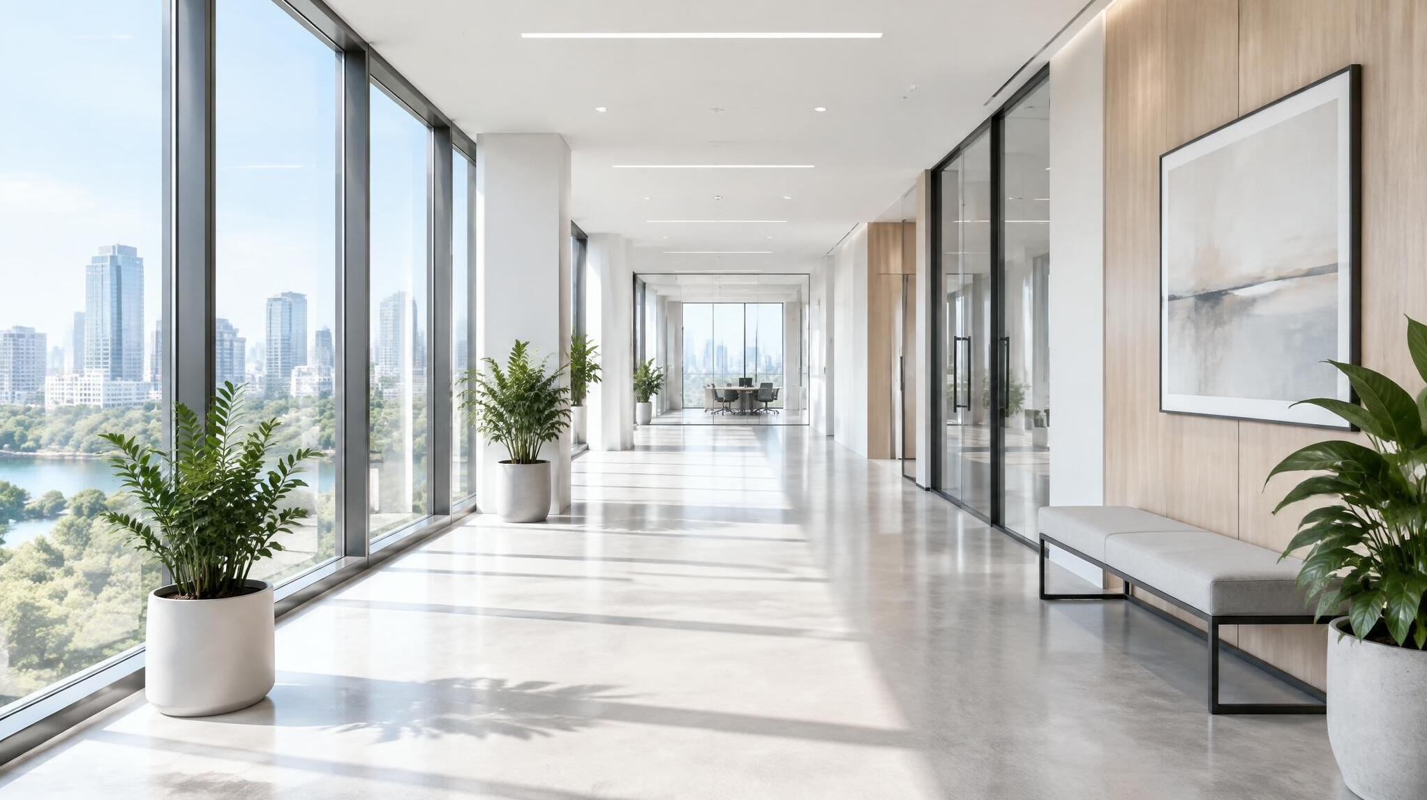 Bright modern office hallway with large windows
