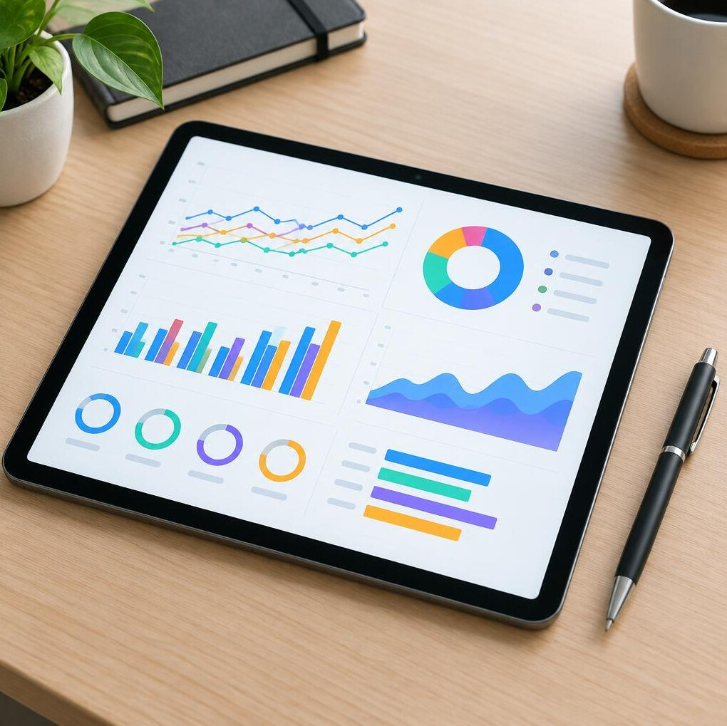 Digital tablet displaying data visualization charts and graphs