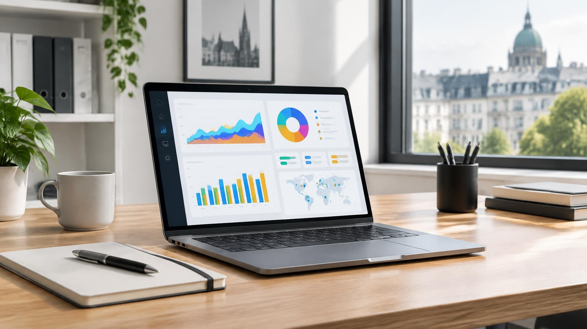 Laptop screen showing data charts and digital dashboard on an office desk
